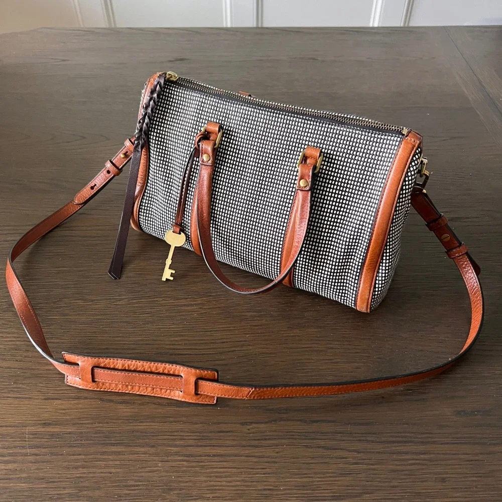 Fossil Rachel Satchel Black White Woven Dotted Leather Trim Crossbody Bag